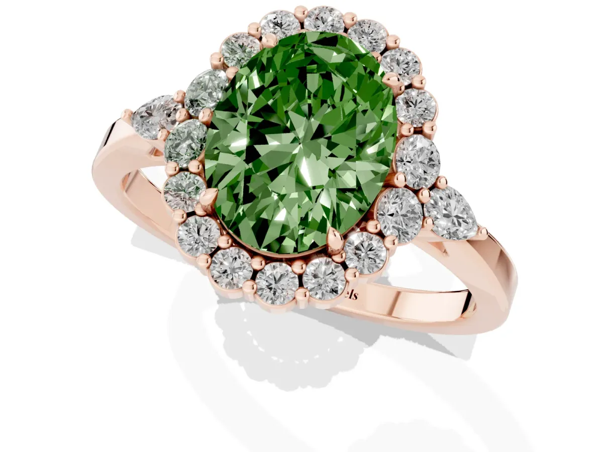 Fancy Green Oval Cut Diamond Halo Ring with Pear Side Stones and Prong Setting Rose gold