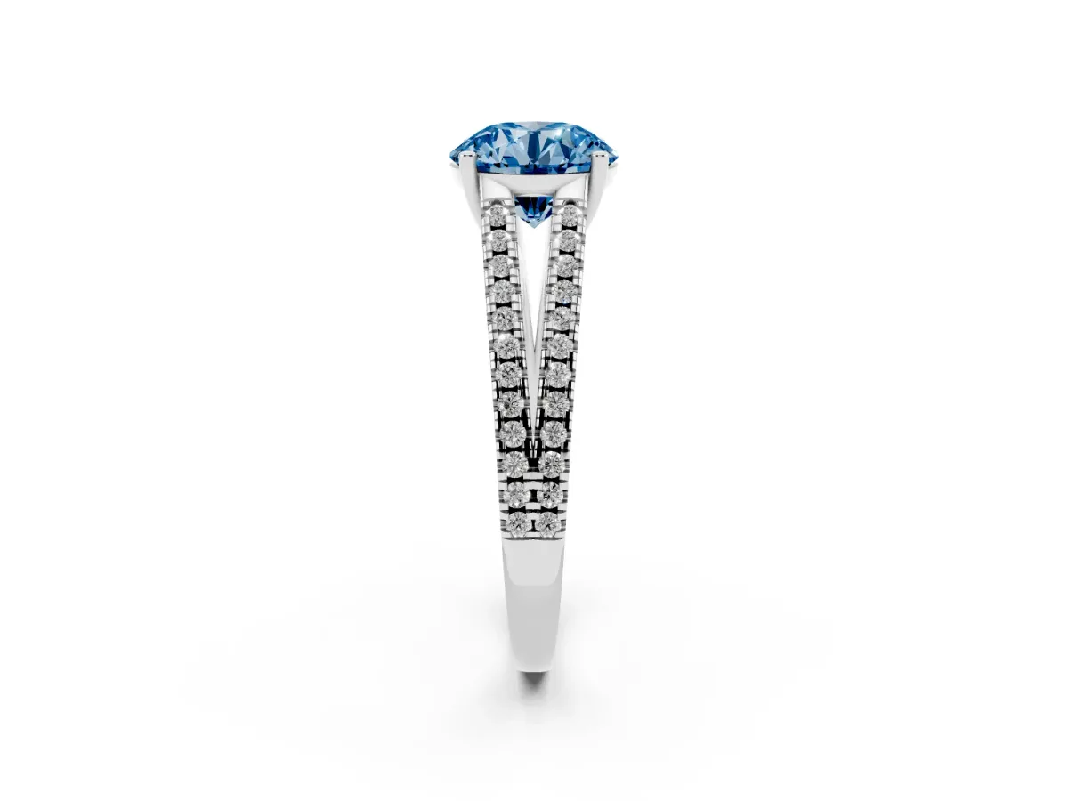 Fancy Blue Round Cut Diamond Solitaire Engagement Ring with Split Shank Pavé Band Platinum