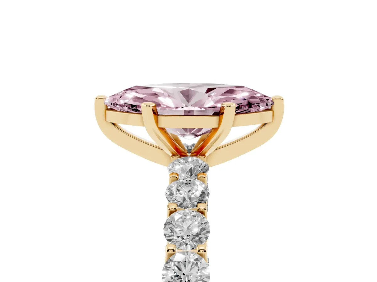 Fancy Pink Marquise Cut Diamond Solitaire Ring with Shared Prong Pavé Band and Four-Prong Setting Yellow gold