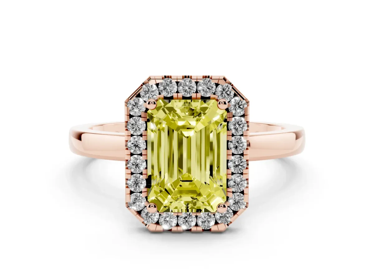 Fancy Yellow Emerald Cut Halo Diamond Solitaire with Pavé Band and Four-Prong Setting Rose gold