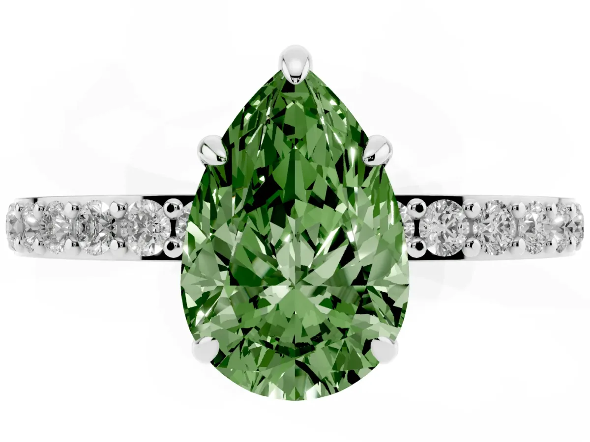 Fancy Green Pear Cut Diamond Pavé Engagement Ring with Round Accents and Prong Setting Silver