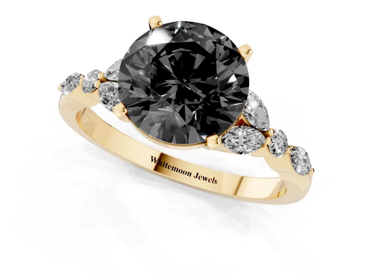 Fancy Black Round Cut Diamond Solitaire Ring with Side Stones and Four-Prong Setting Yellow gold
