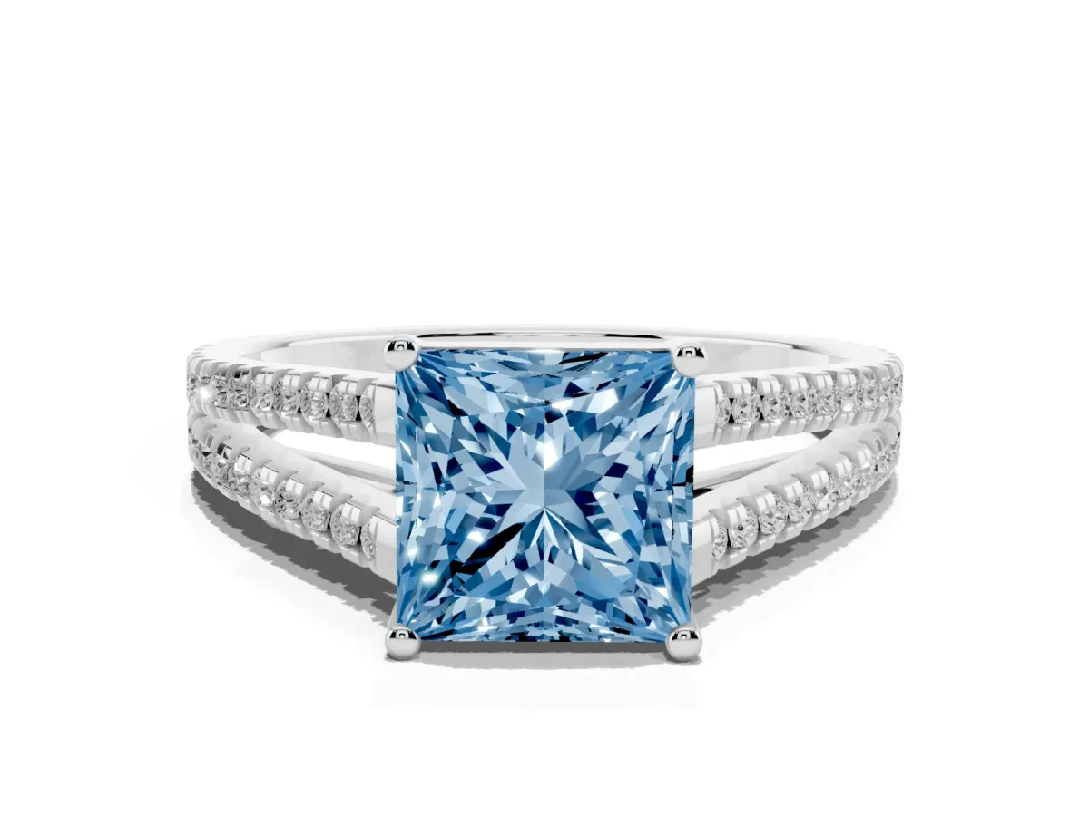 Fancy Blue Princess Cut Diamond Solitaire Engagement Ring with Split Shank Pavé Band Platinum