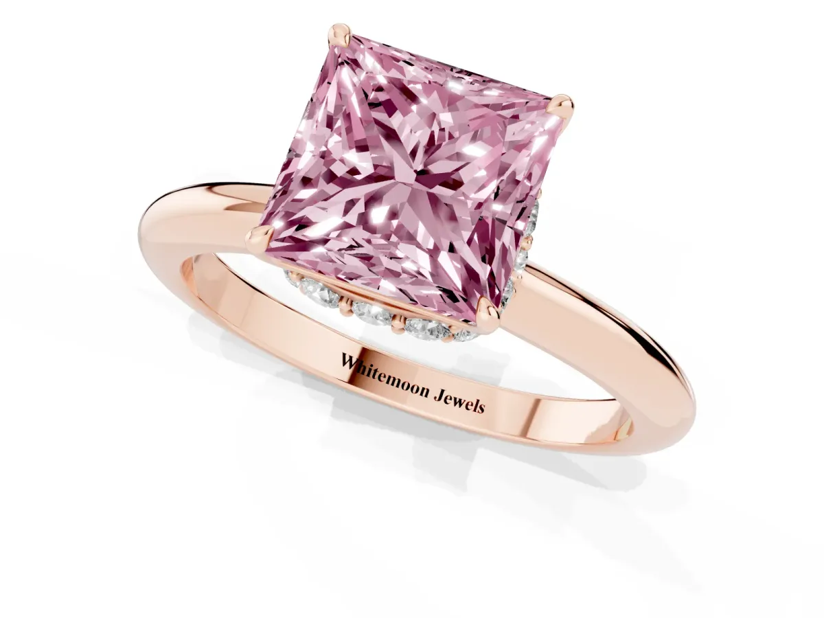 Fancy Pink Princess Cut Brilliant Solitaire Engagement Ring with Six-Prong Setting and Classic Band Rose gold