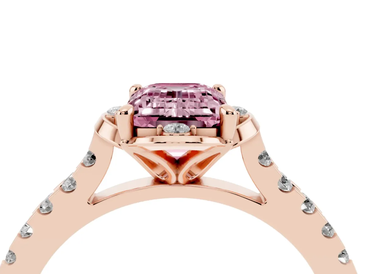 Fancy Pink Emerald Cut Diamond Ring with Pavé Band and Floral Prong Setting Rose gold