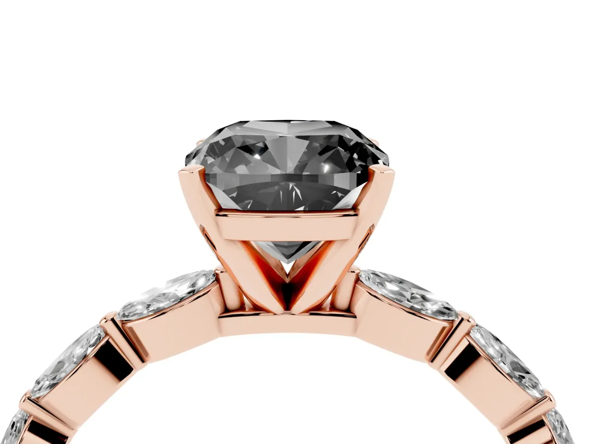 Fancy Black Cushion Cut Diamond Ring with Marquise Side Stones and Prong Setting Rose gold