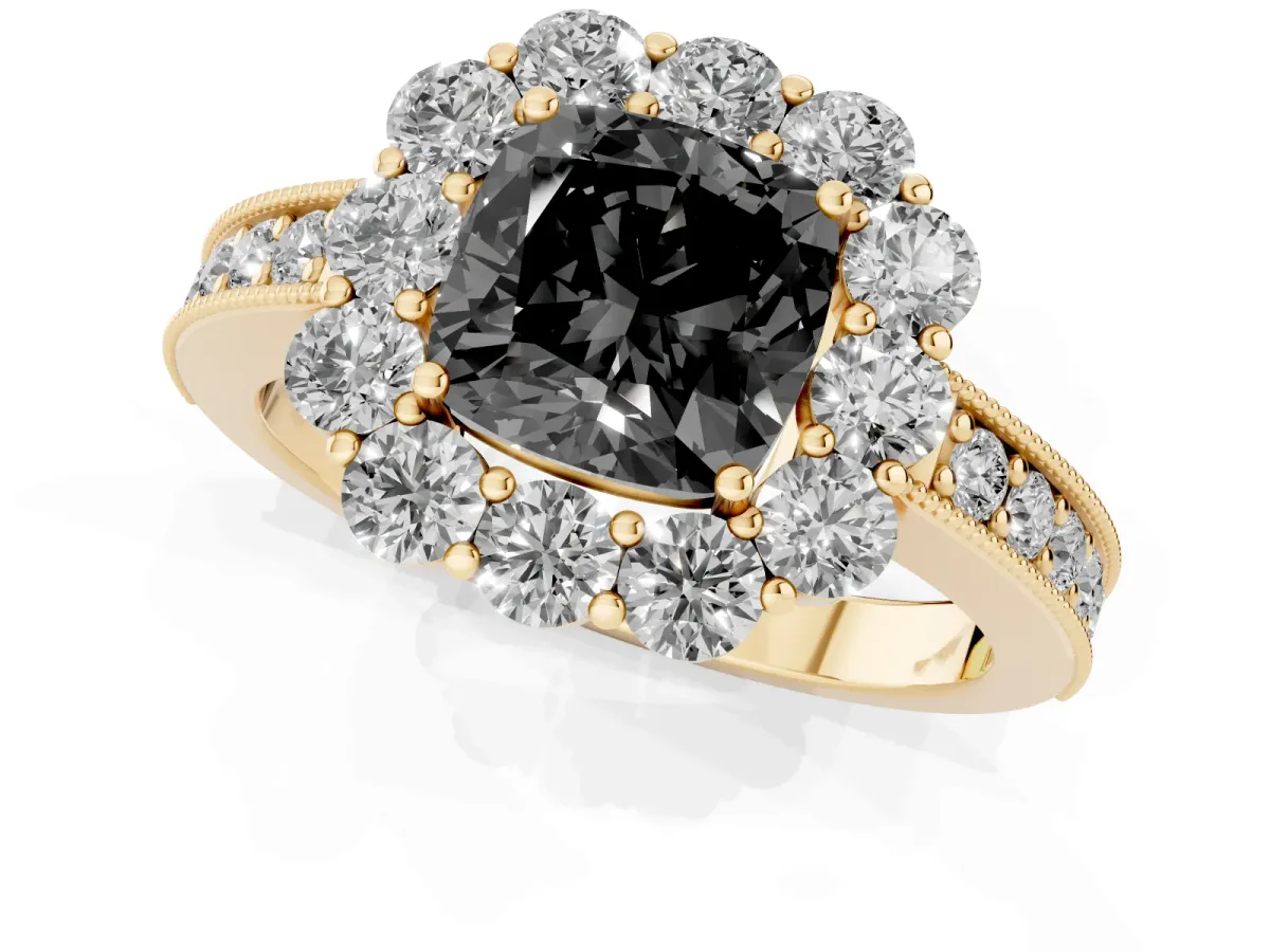 Fancy Black Cushion Cut Cut Halo Diamond Pavé Engagement Ring with Milgrain Detailing Yellow gold