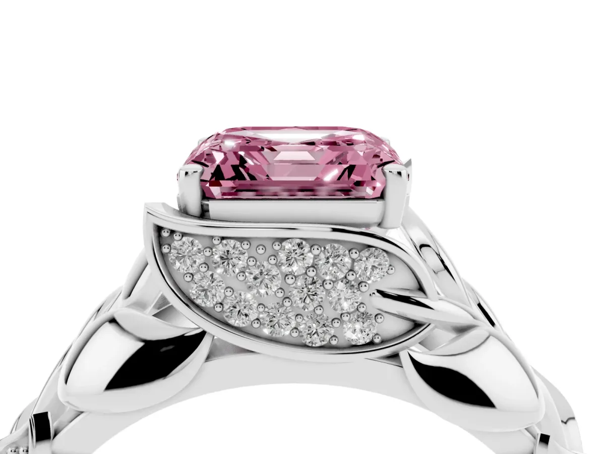 Fancy Pink Asscher Cut Diamond Leaf-Inspired Engagement Ring with Round Accents and Prong Setting Platinum