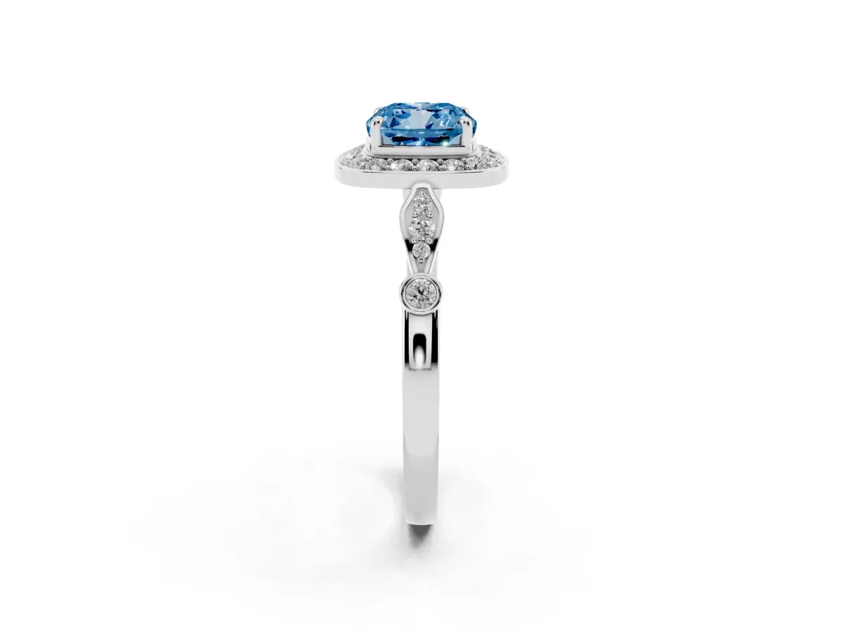 Fancy Blue Cushion Cut Halo Diamond Engagement Ring with Twisted Band and Four-Prong Setting Silver
