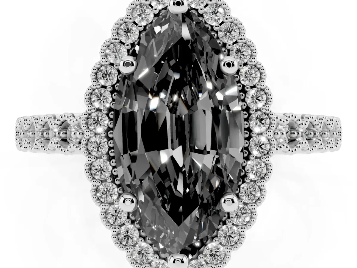 Fancy Black Marquise Cut Cut Halo Pavé Solitaire Ring with Milgrain Band White gold