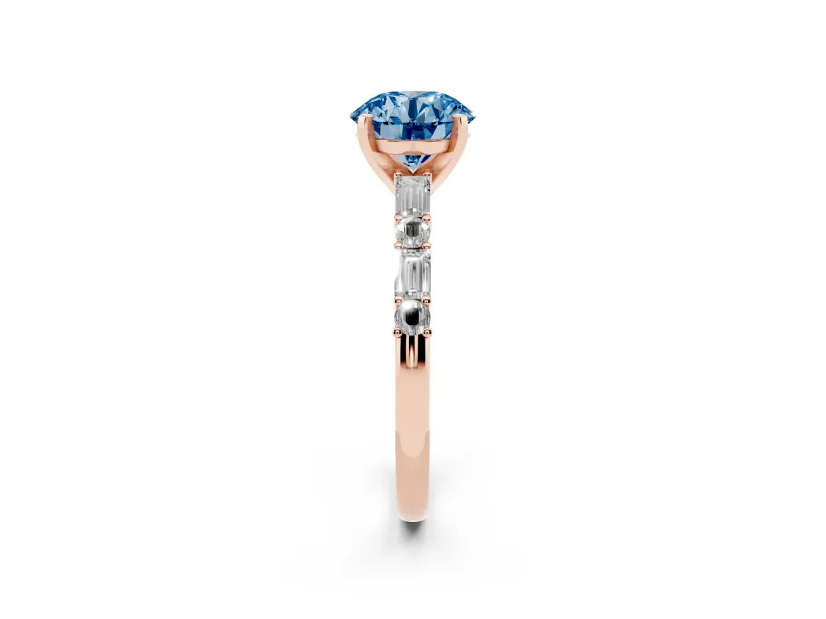 Fancy Blue Round Cut Diamond Solitaire with Side Baguettes and Channel Set Band Rose gold