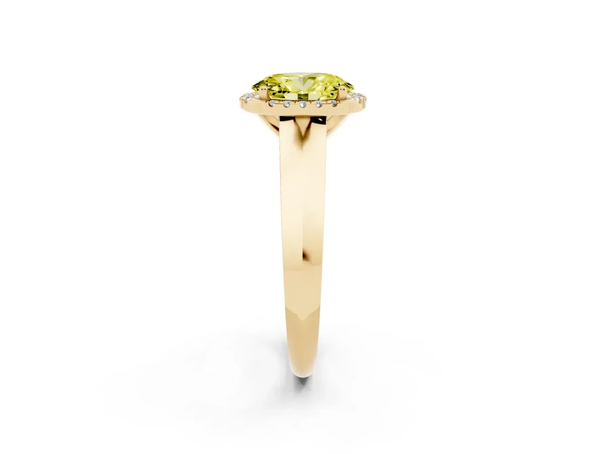 Fancy Yellow Oval Cut Halo Diamond Ring with Cathedral Band and Four-Prong Setting Yellow gold