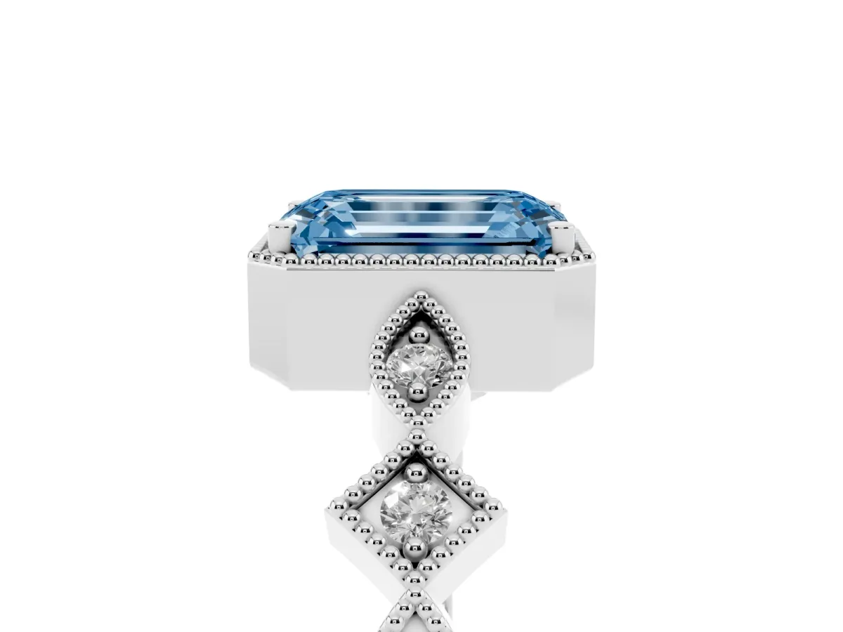 Fancy Blue Emerald Cut Milgrain Marquise Diamond Twist Band Ring Platinum