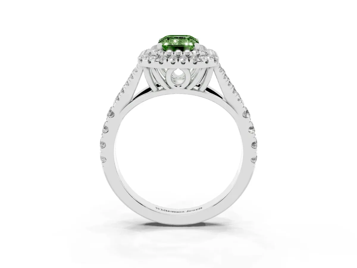 Fancy Green Emerald Cut Diamond Pavé Split Shank Double Halo Engagement Ring Silver