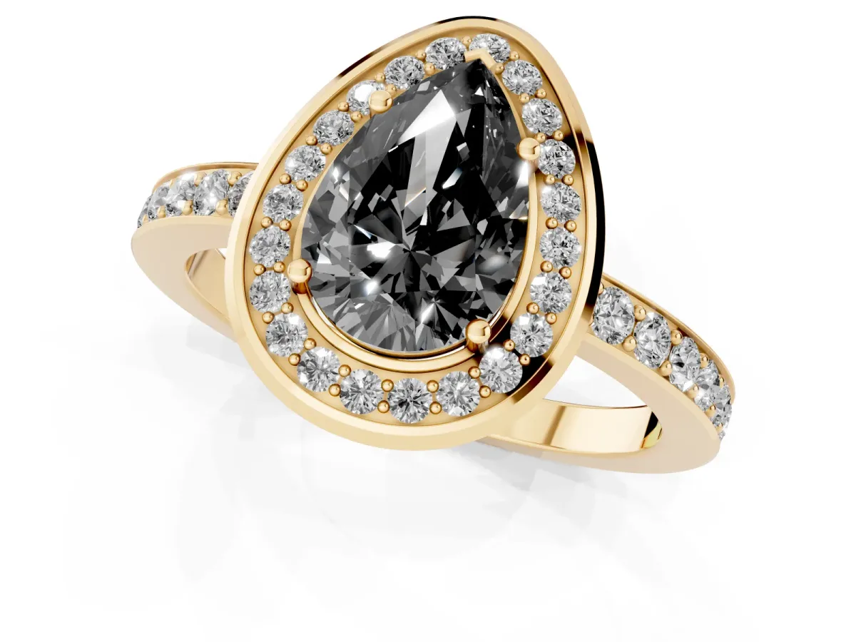 Fancy Black Pear Cut Diamond Halo Ring with Bezel Frame and Pavé Band Yellow gold
