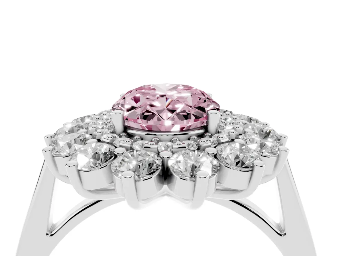 Fancy Pink Oval Cut Diamond Floral Double Halo Engagement Ring with Prong Setting Platinum