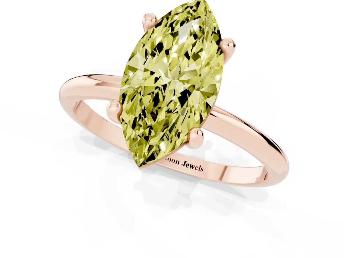 Fancy Yellow Marquise Cut Solitaire Diamond Ring with 4-Prong Setting on a Classic Band Rose gold