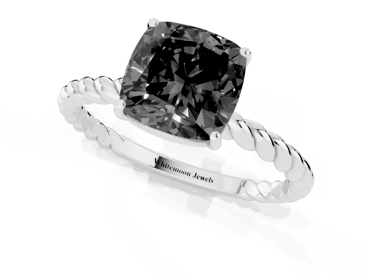 Fancy Black Cushion Cut Solitaire Twisted Band 4-Prong Ring Silver