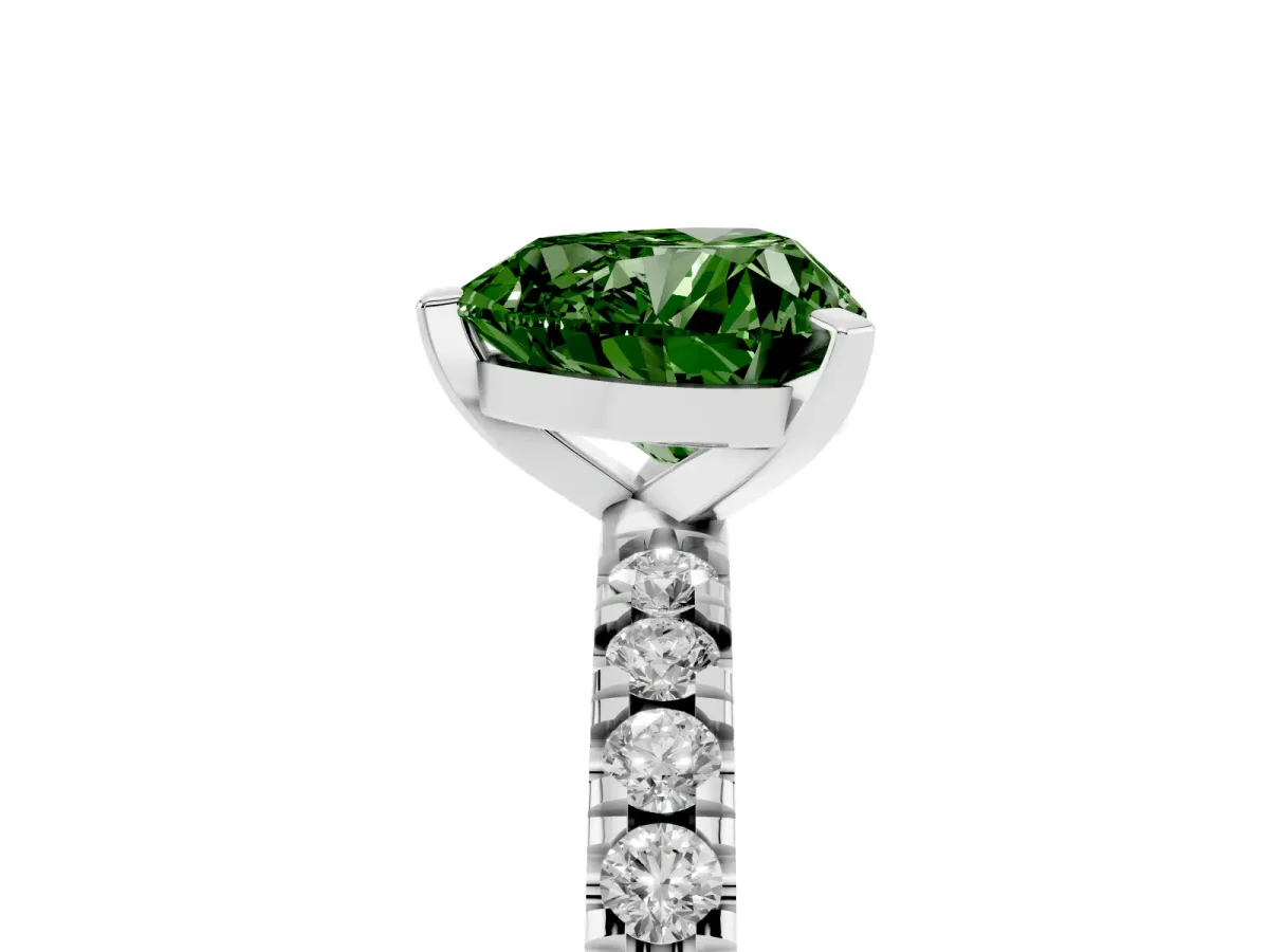 Fancy Green Heart Cut Diamond Pavé Band Solitaire with Four-Prong Setting Silver