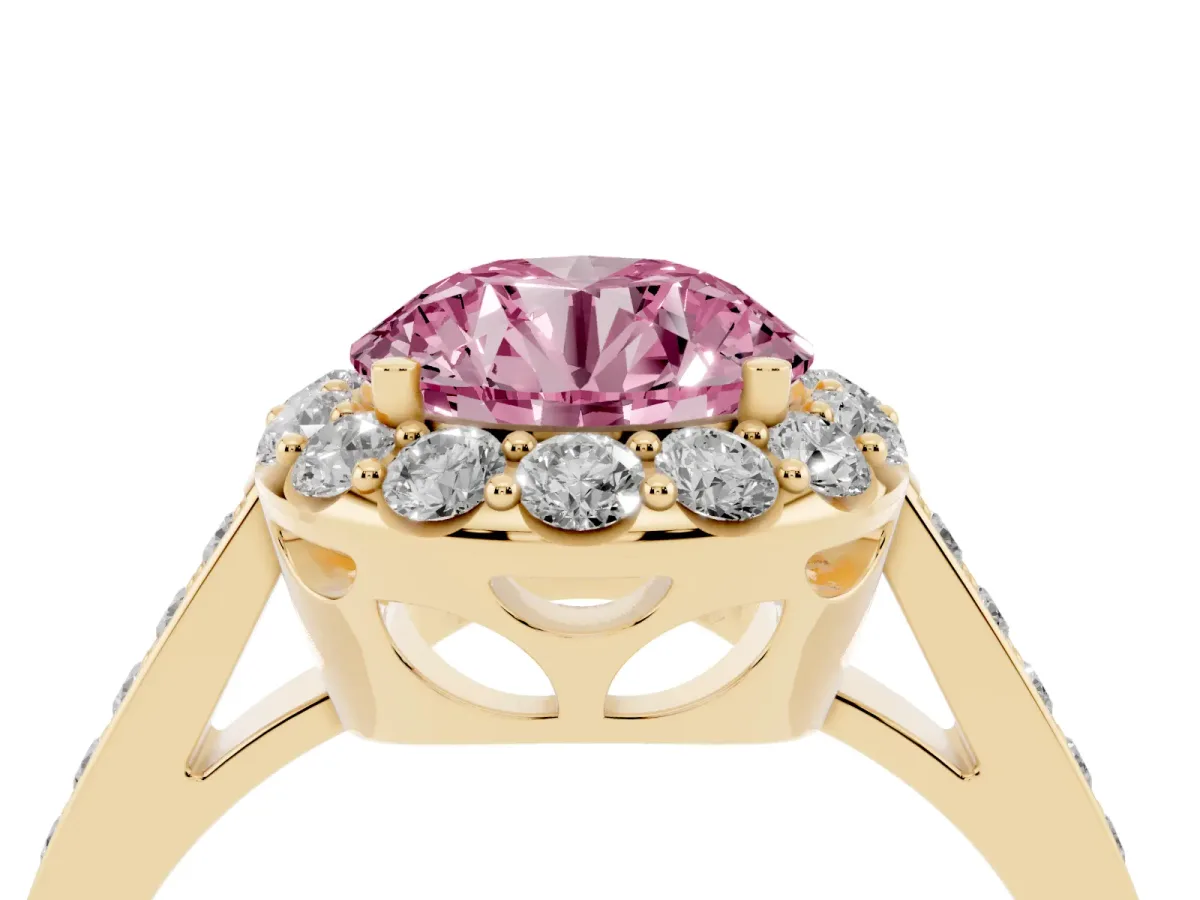 Fancy Pink Round Cut Diamond Floral Halo Ring with Pavé Band and Prong Setting Yellow gold