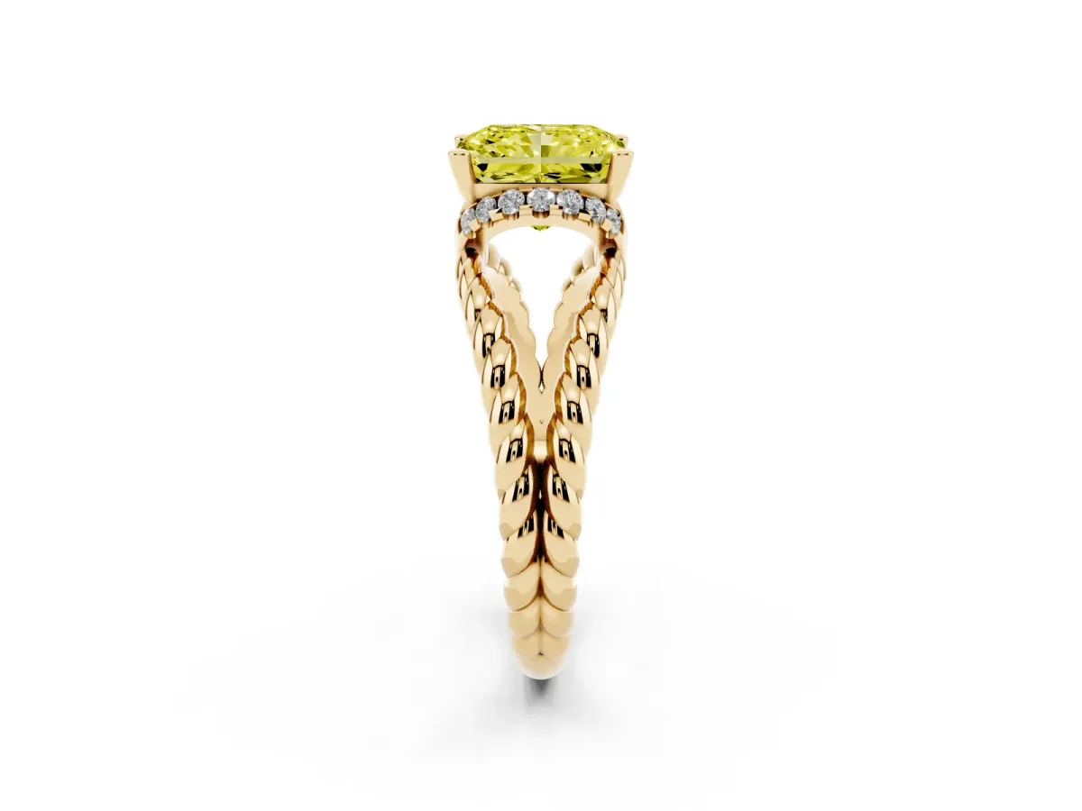 Fancy Yellow Radiant Cut Halo Twisted Band Four-Prong Ring Yellow gold