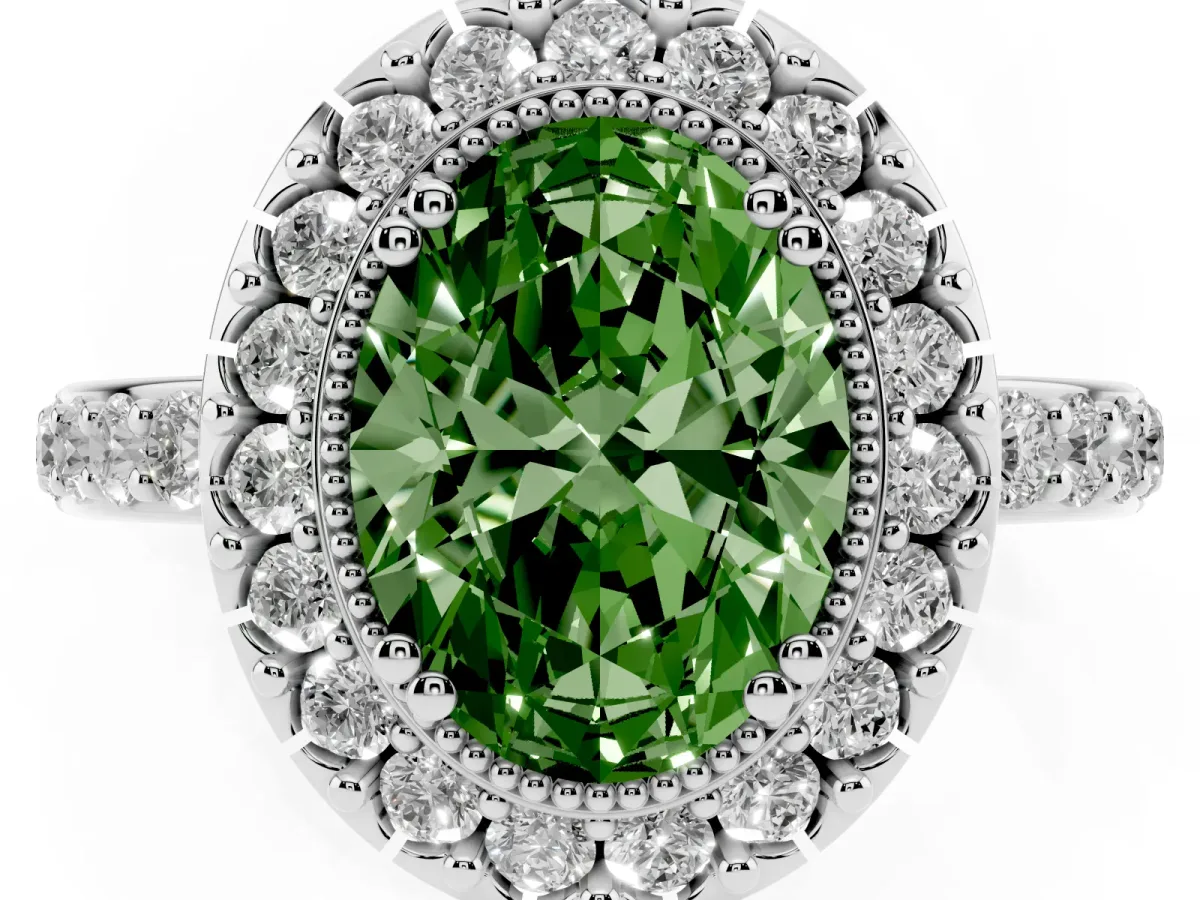 Fancy Green Oval Cut Diamond Halo Ring with Pavé Band and Prong Setting Silver