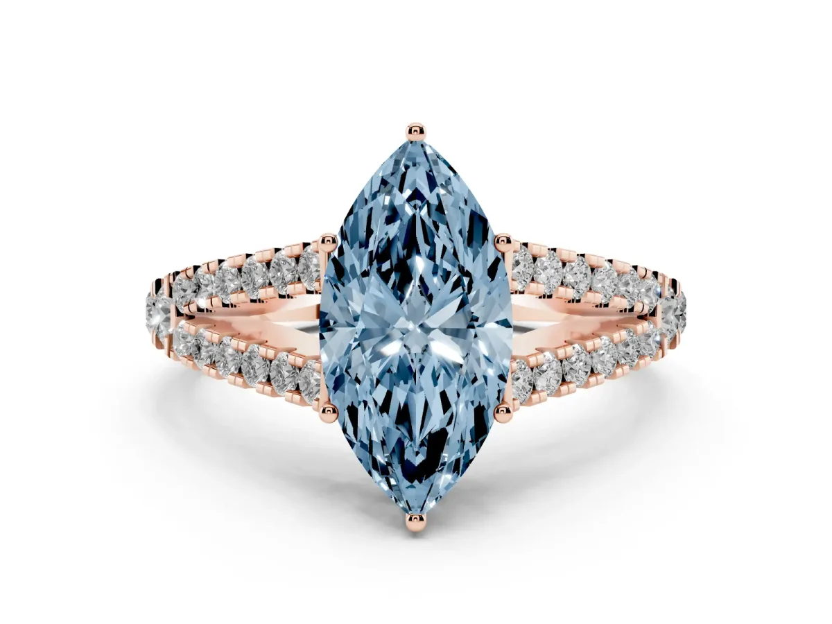 Fancy Blue Marquise Cut Diamond Split Shank Pavé Engagement Ring with Four-Prong Setting Rose gold