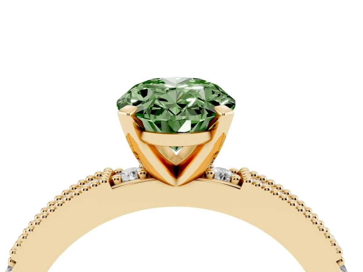 Fancy Green Oval Cut Solitaire with Pavé Band and Four-Prong Setting Yellow gold