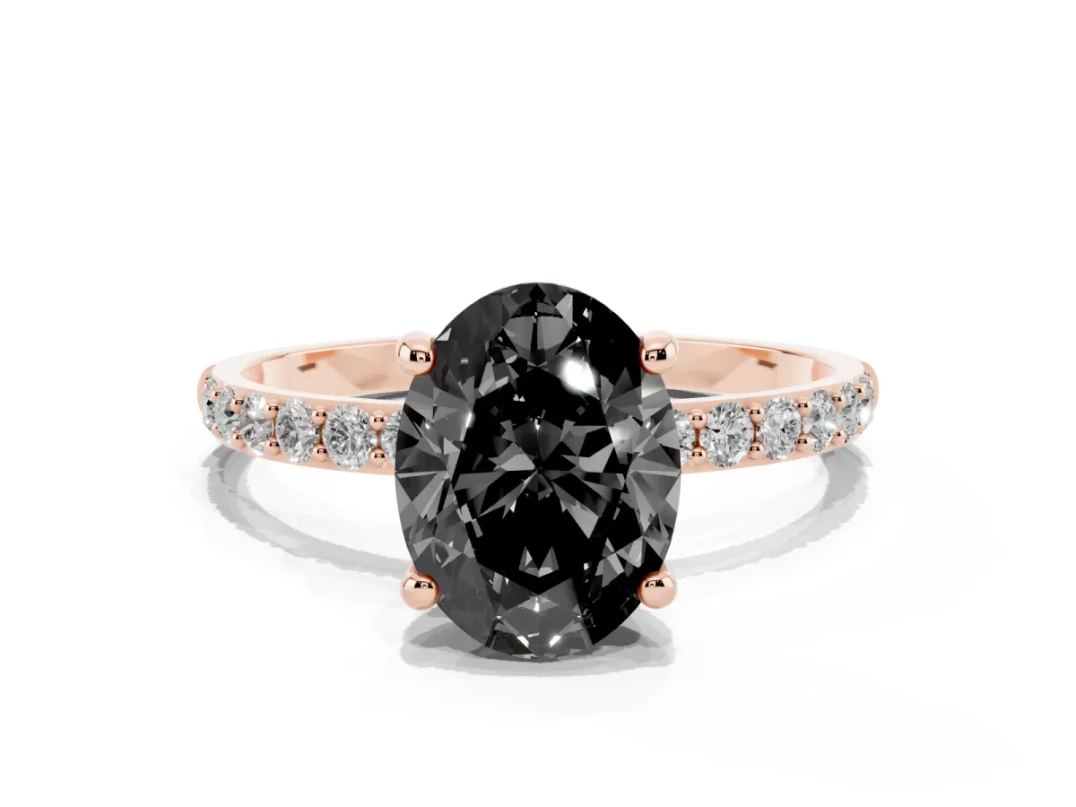 Fancy Black Oval Cut Diamond Solitaire Ring with Round Pavé Band and Prong Setting Rose gold