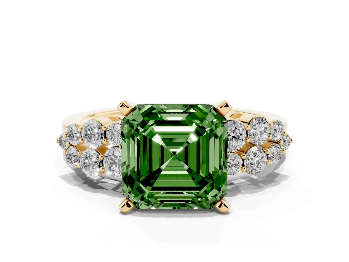 Fancy Green Asscher Cut Cluster Diamond Engagement Ring with Pavé Band and Four-Prong Setting Yellow gold