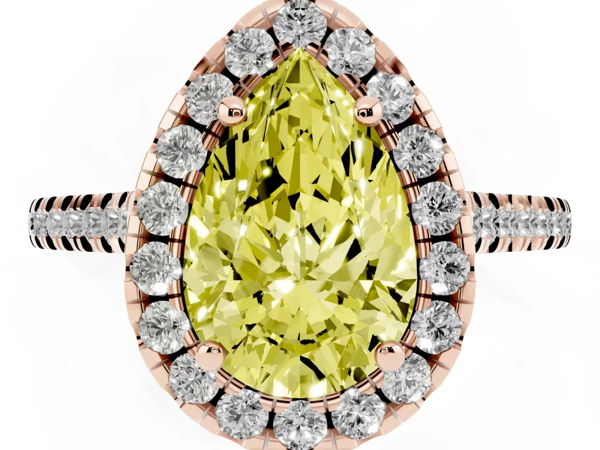 Fancy Yellow Pear Cut Diamond Cushion Halo Ring with Pavé Band Rose gold
