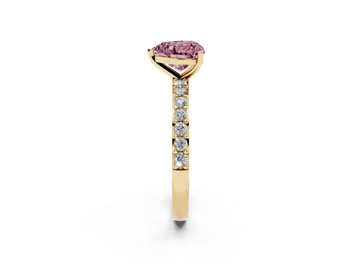 Fancy Pink Heart Cut Cut Diamond Solitaire with Pave Band and Four-Prong Setting Yellow gold