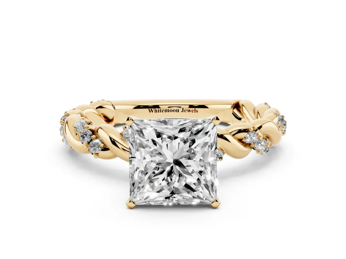 Princess Cut Diamond Solitaire Ring with Twisted Band and Pavé Accents Yellow gold