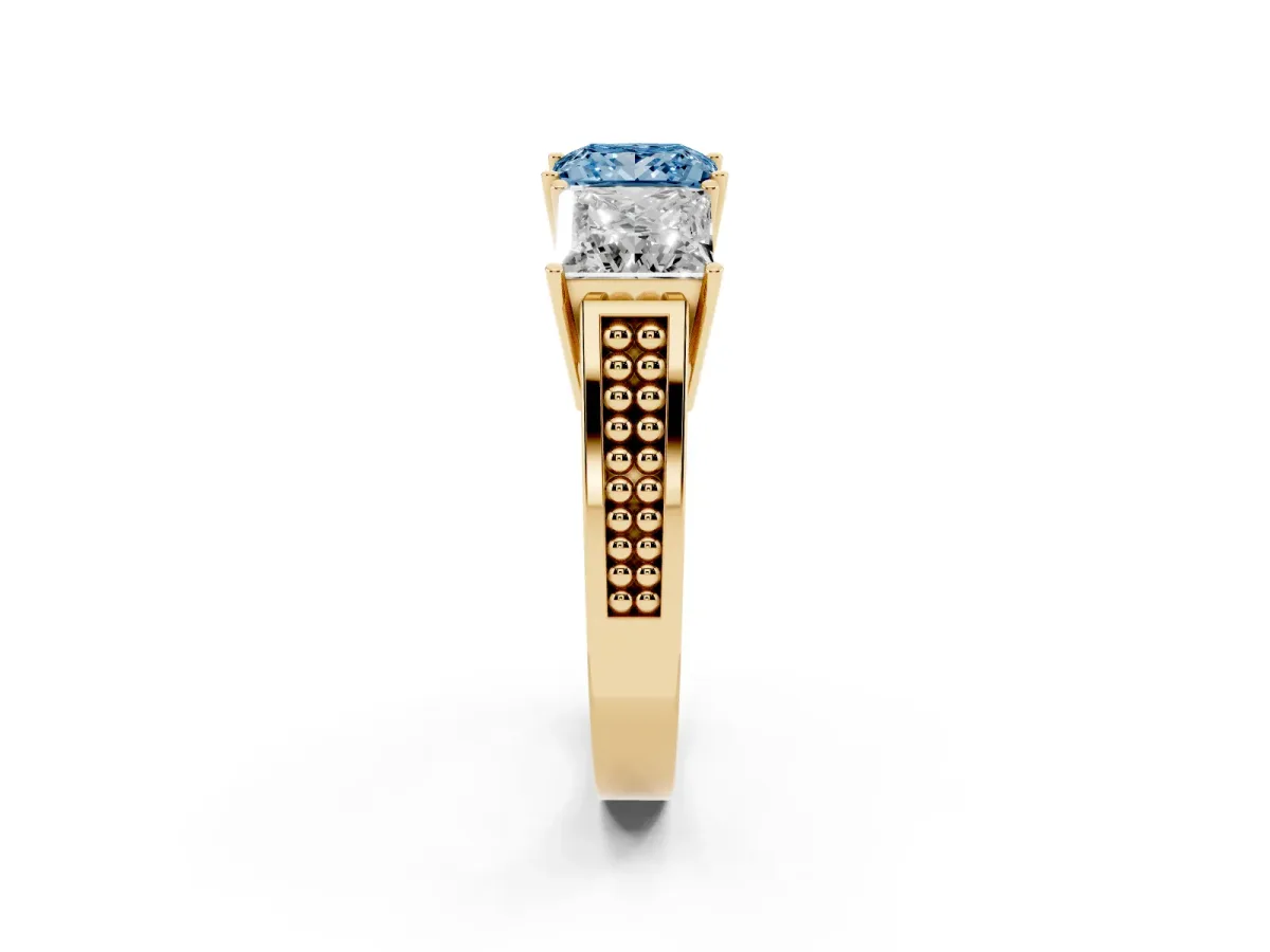 Fancy Blue Princess Cut Diamond Three-Stone Ring with Prong Setting and Textured Band Yellow gold