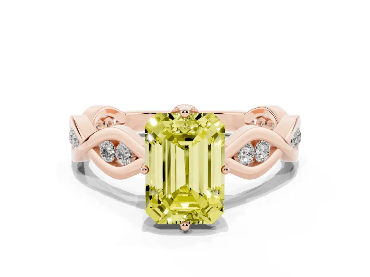Fancy Yellow Emerald Cut Solitaire Twist Band with Leaf Prong Setting Rose gold