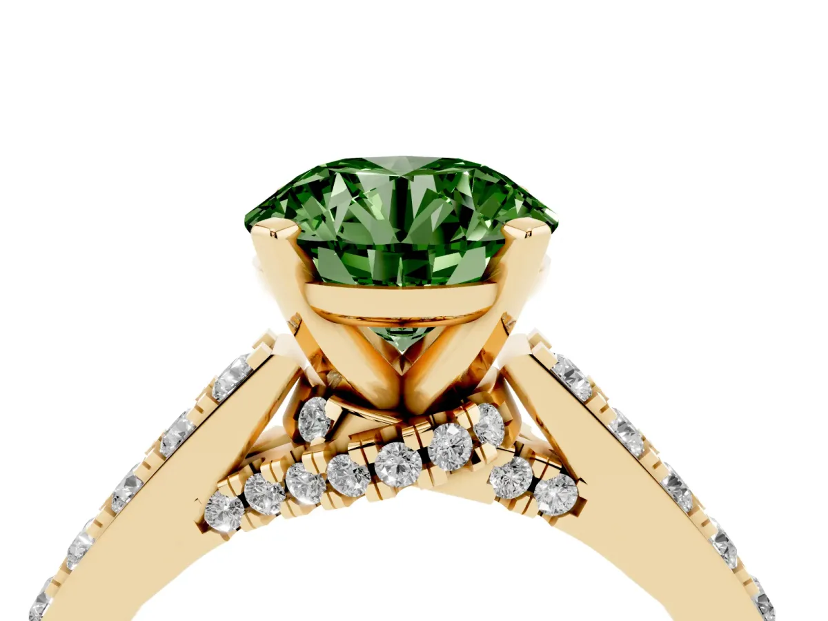 Fancy Green Round Cut Diamond Solitaire Ring with Crossover Gallery and Round Pavé Band Yellow gold