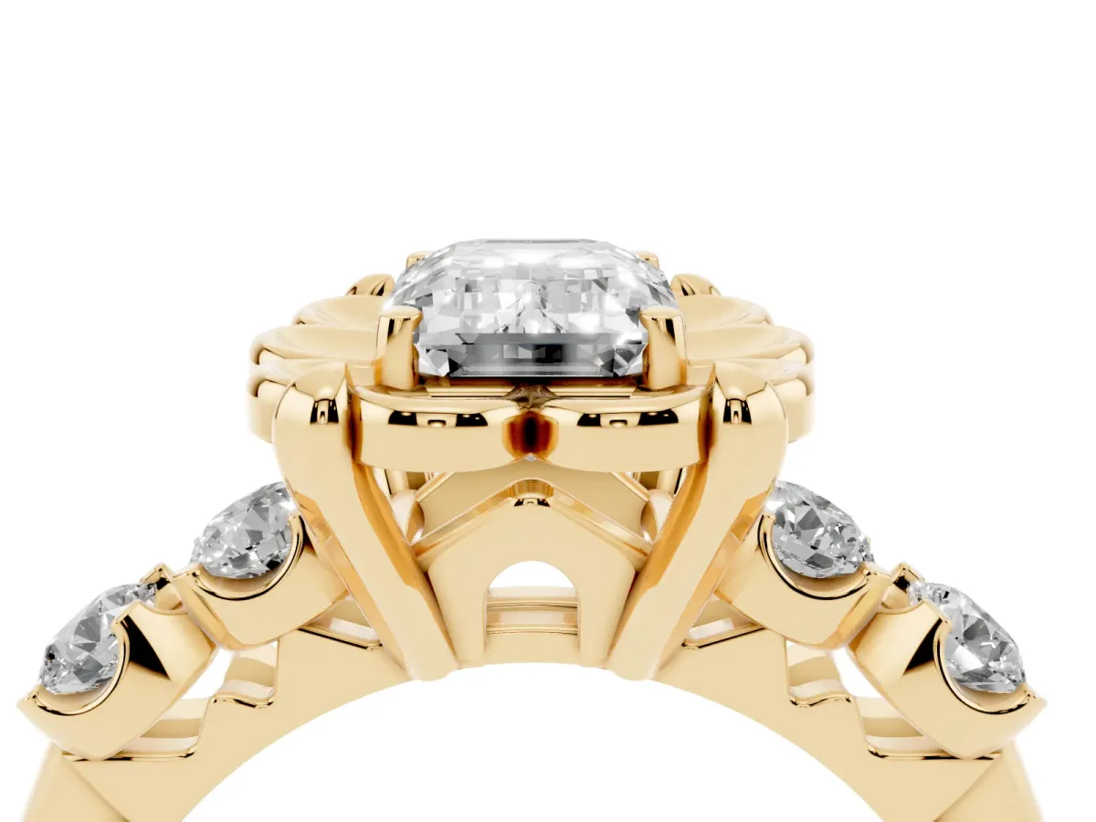 Emerald Cut Cut Diamond Floral Halo Engagement Ring with Shared Prong Setting Yellow gold