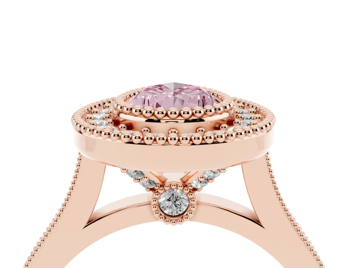 Fancy Pink Pear Cut Diamond Halo Ring with Milgrain Frame and Pavé Band Rose gold