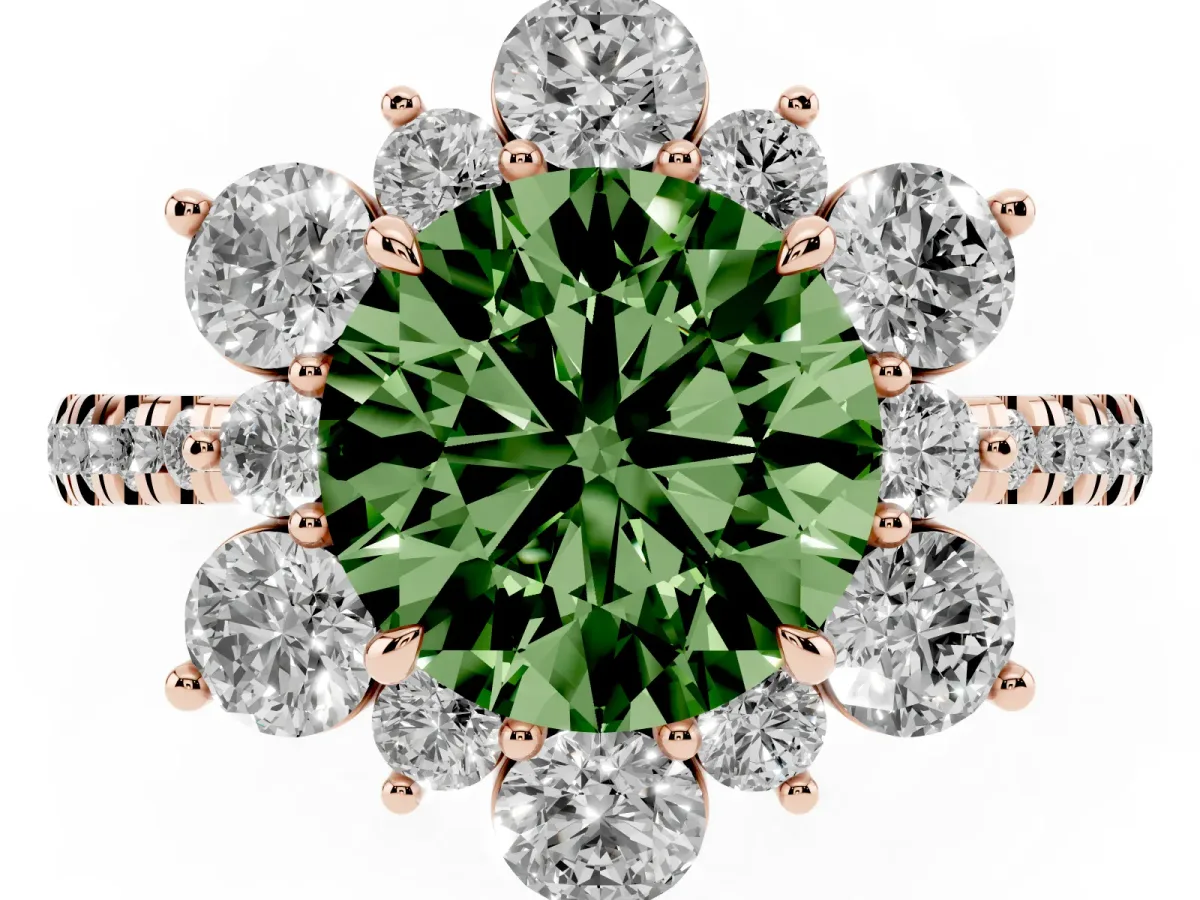 Fancy Green Round Cut Diamond Floral Halo Ring with Round Pavé Band and Prong Setting Rose gold