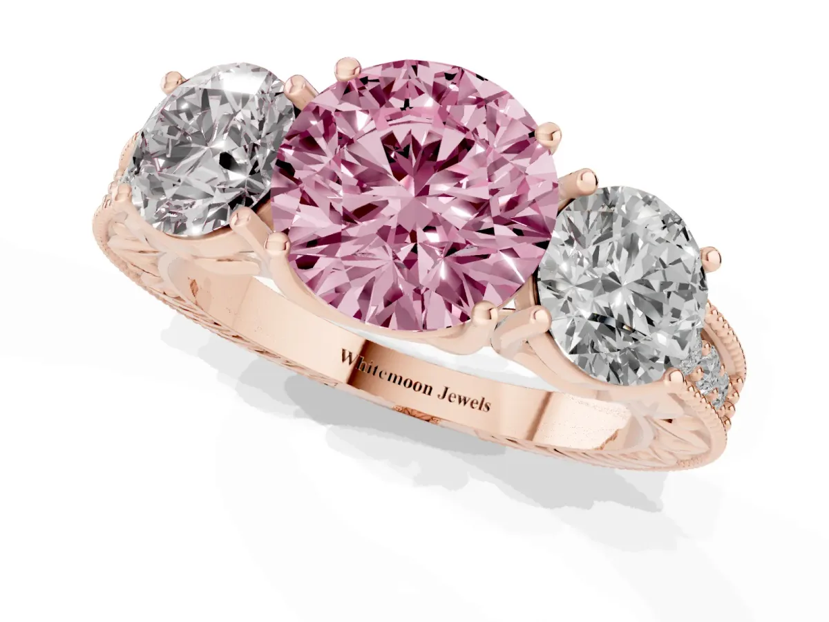 Fancy Pink Three-Stone Round Cut Cut Milgrain Pavé Engagement Ring Rose gold