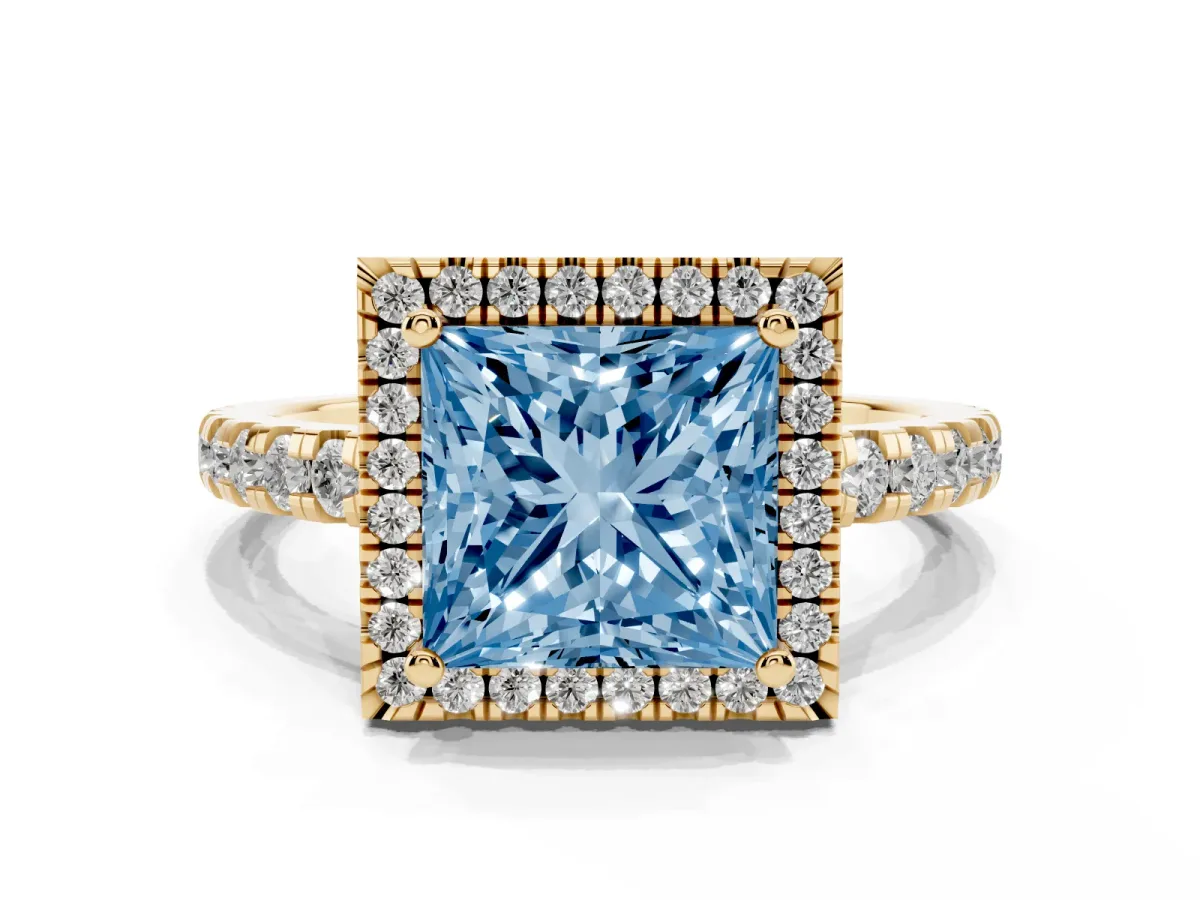 Fancy Blue Princess Cut Diamond Halo Ring with Pavé Band and Four-Prong Setting Yellow gold