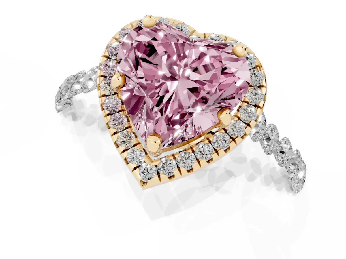 Fancy Pink Heart Cut Halo Pavé Diamond Engagement Ring with Four-Prong Setting Yellow gold