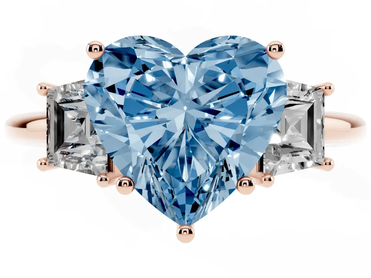 Fancy Blue Heart Cut Diamond Three-Stone Ring with Trapezoid Side Stones and Prong Setting Rose gold