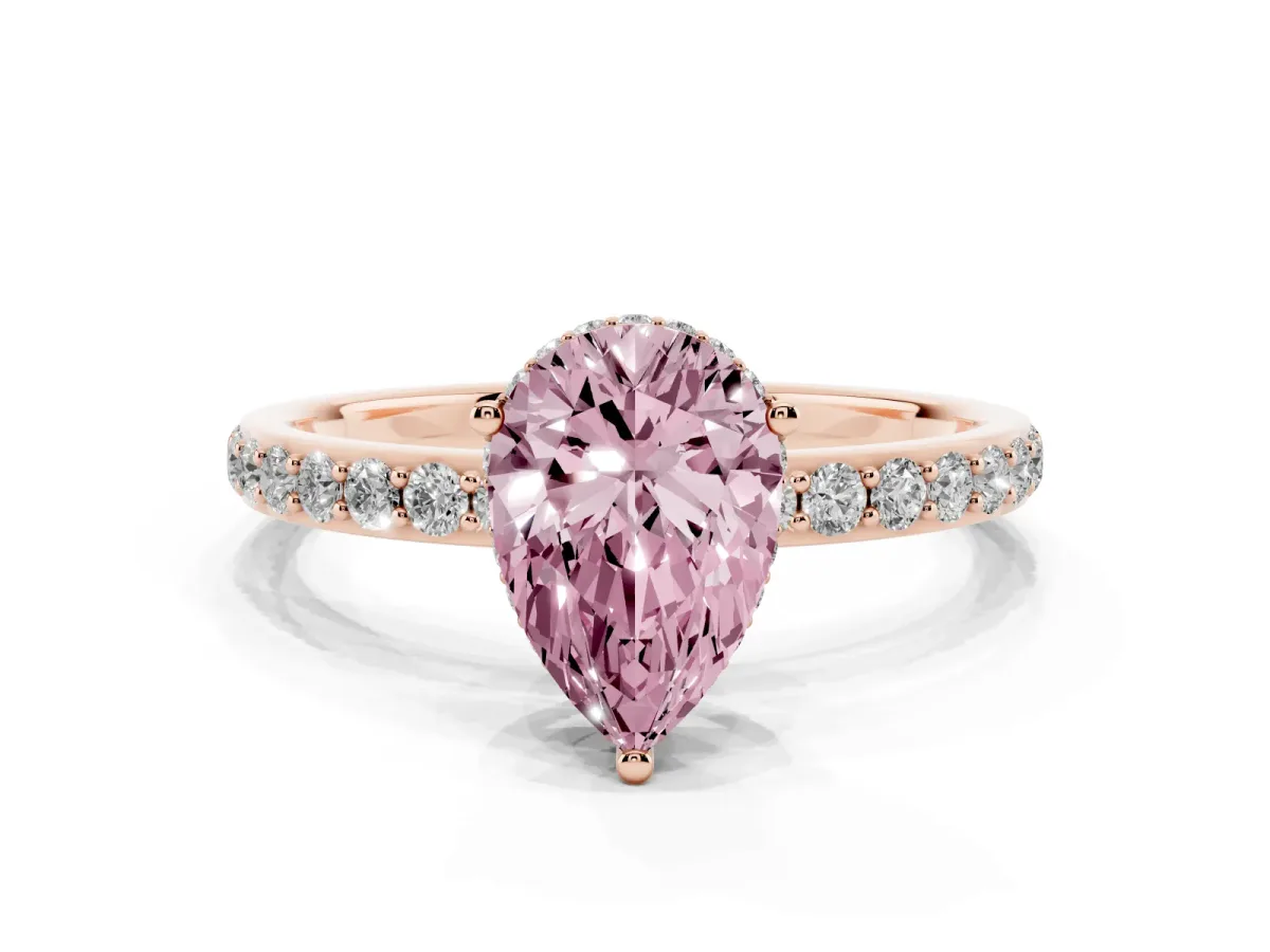 Fancy Pink Pear Cut Diamond Solitaire Ring with Pavé Band and Hidden Halo Rose gold