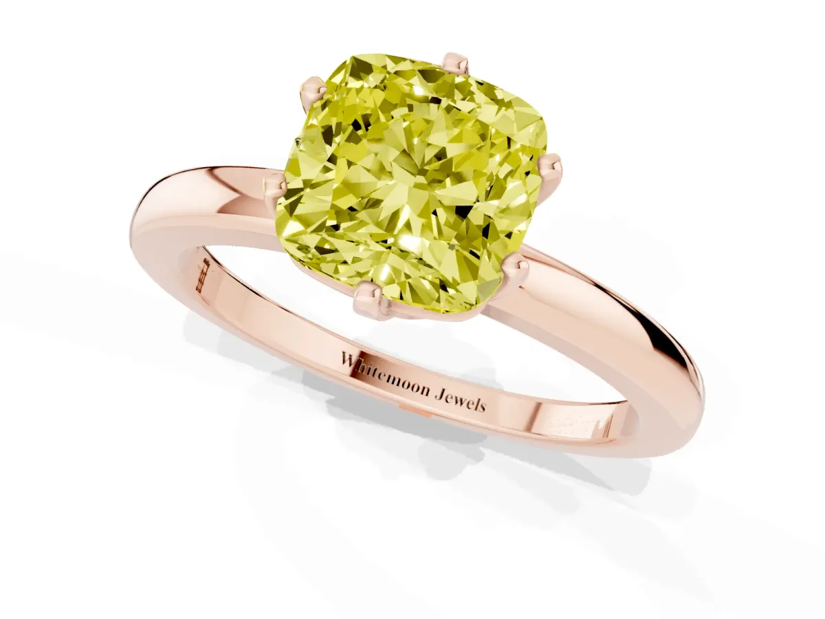 Fancy Yellow Cushion Cut Solitaire Diamond Ring with Six-Prong Setting on a Classic Band Rose gold