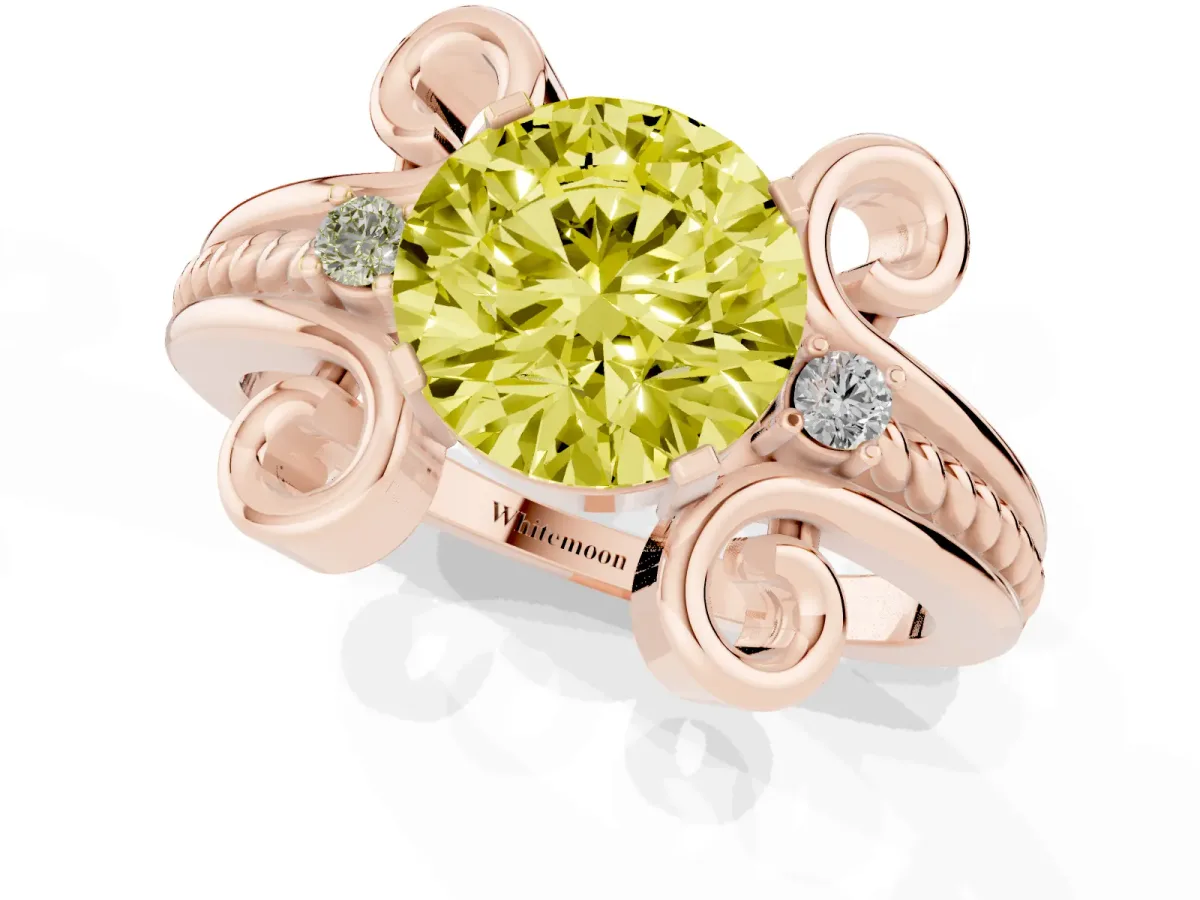 Fancy Yellow Round Cut Solitaire Twisted Band Scroll Prong Ring Rose gold