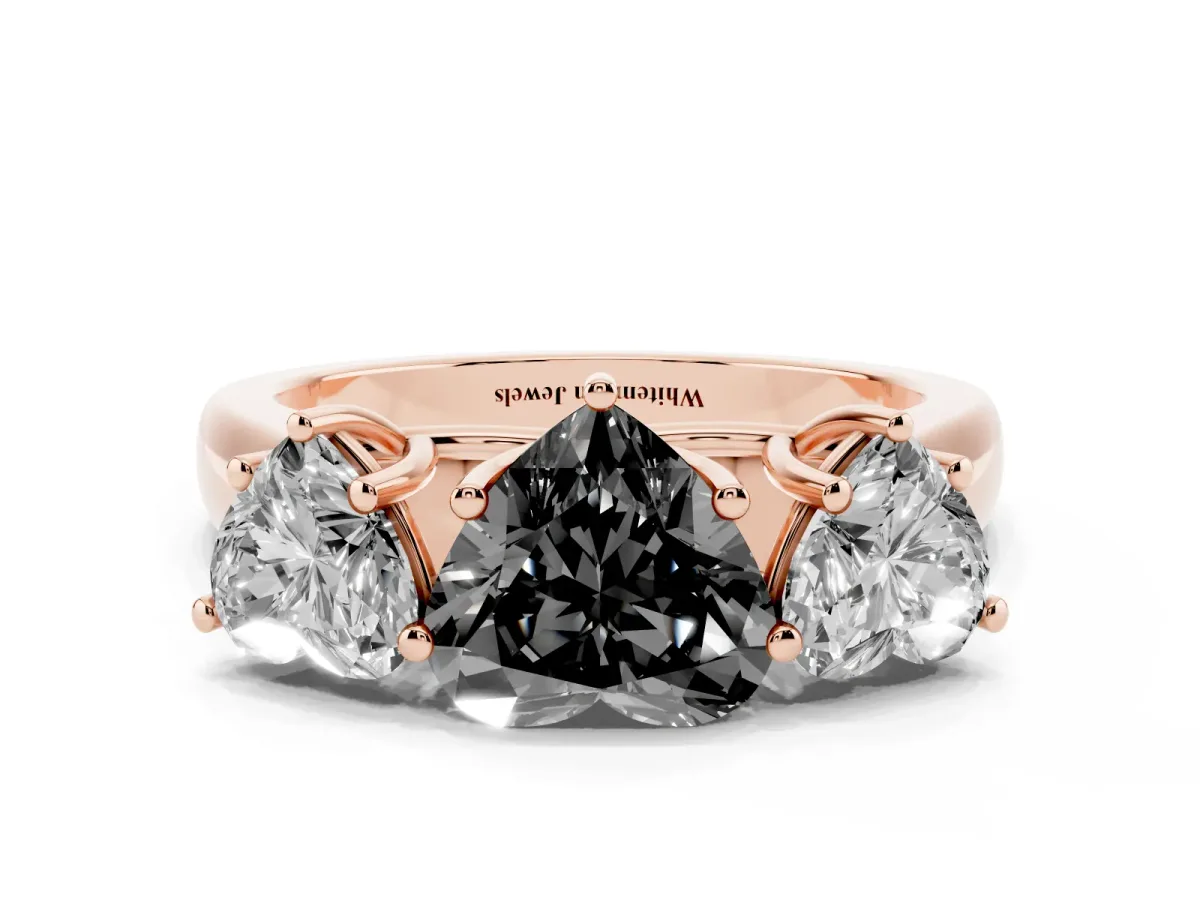Fancy Black Heart Cut Three-Stone Diamond Ring with Prong Setting on a Classic Band Rose gold