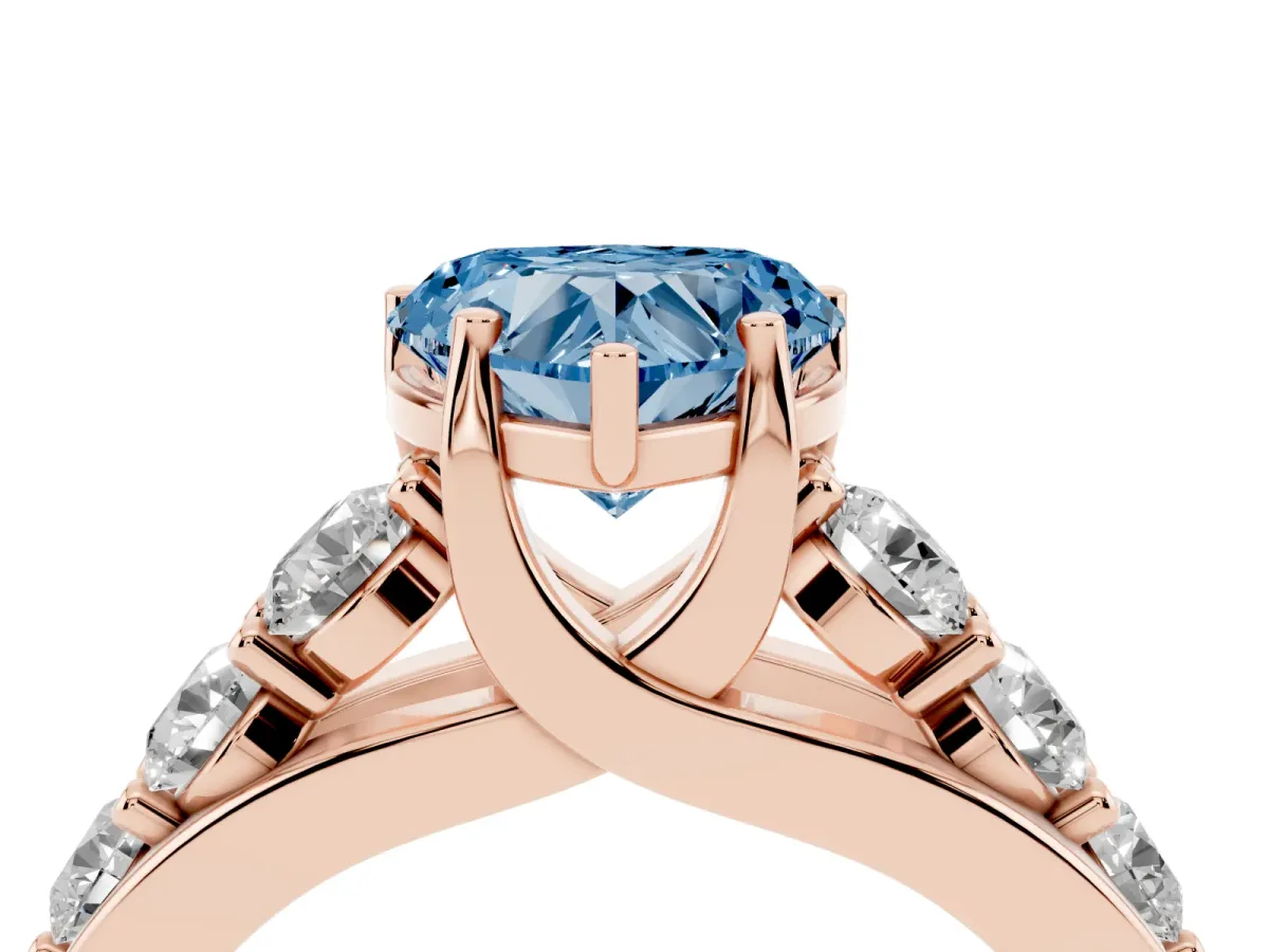 Fancy Blue Heart Cut Diamond Engagement Ring with Pavé Band and Four-Prong Setting Rose gold