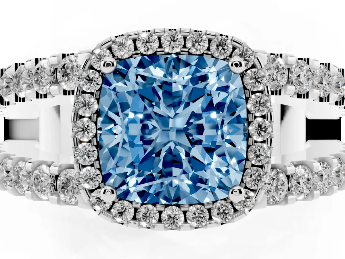 Fancy Blue Cushion Cut Cut Halo Split Shank Diamond Ring with Four-Prong Setting Platinum