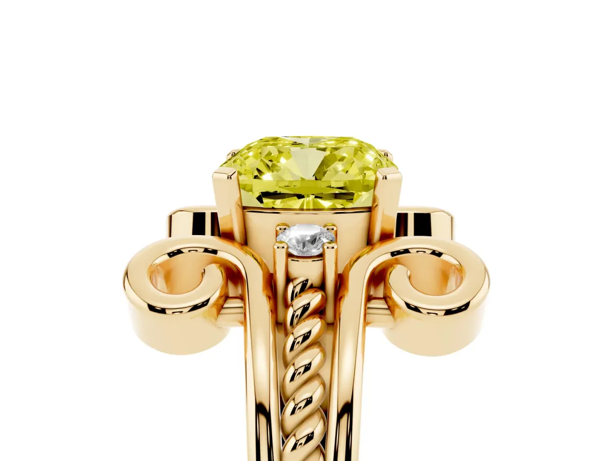 Fancy Yellow Cushion Cut Solitaire Twisted Band Scroll Prong Ring Yellow gold